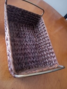 Vintage Brown Woven Rectangular Storage Basket with Metal Handles